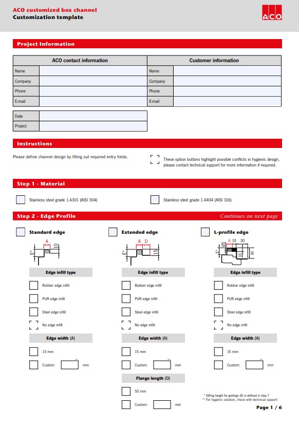 Product specification sheets